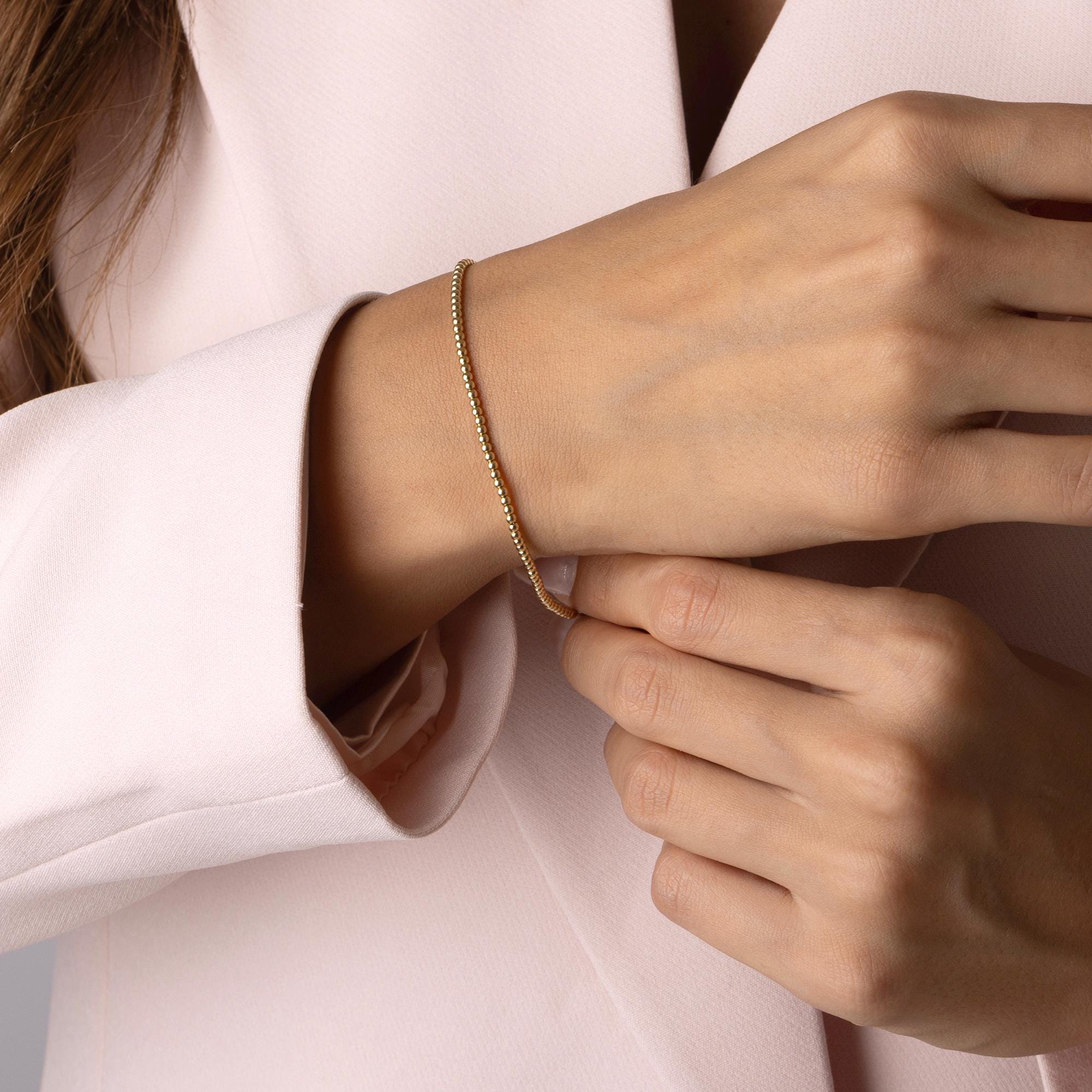 14K Solid Gold Beaded Ball Bracelet – Dainty Real Gold Jewelry