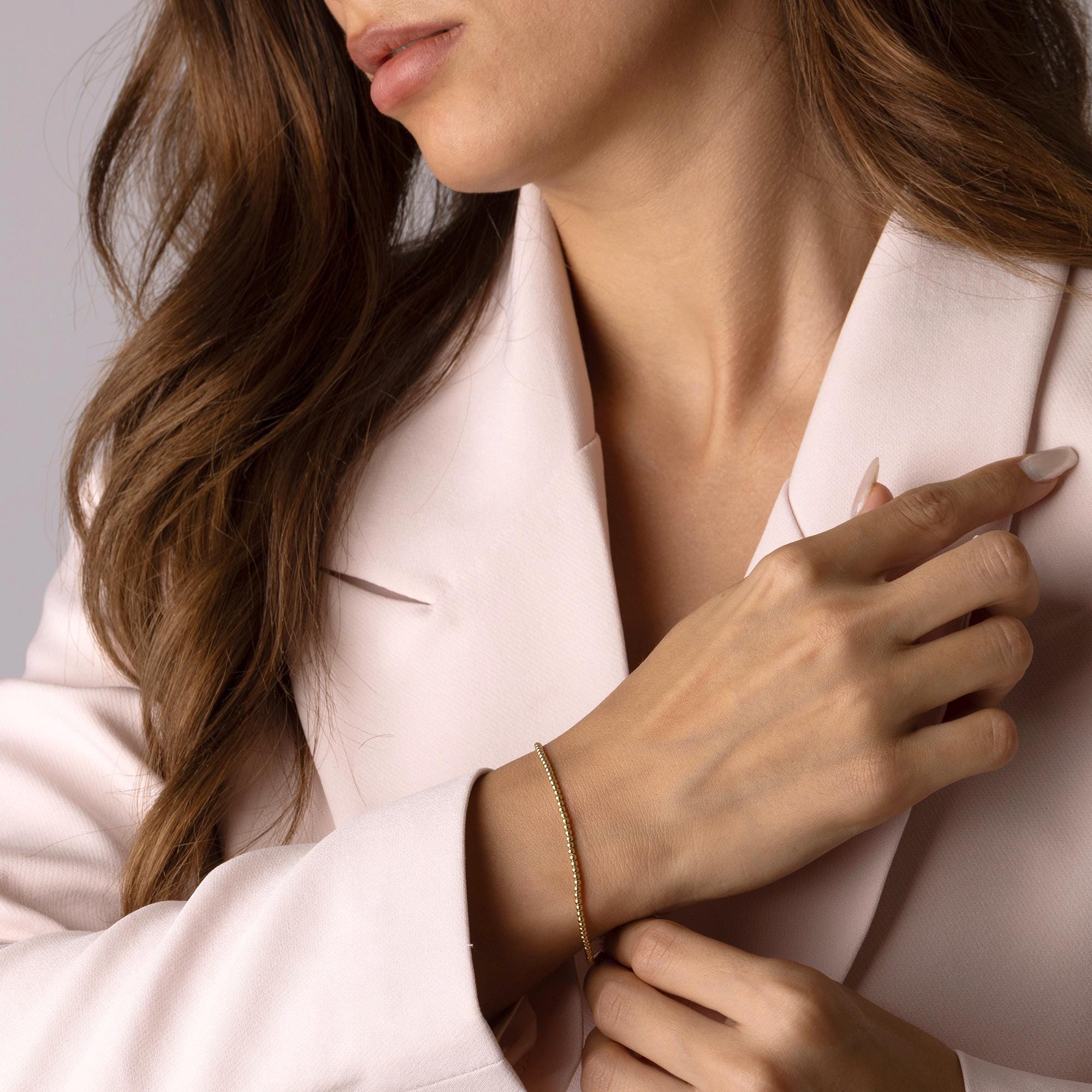 14K Solid Gold Beaded Ball Bracelet – Dainty Real Gold Jewelry