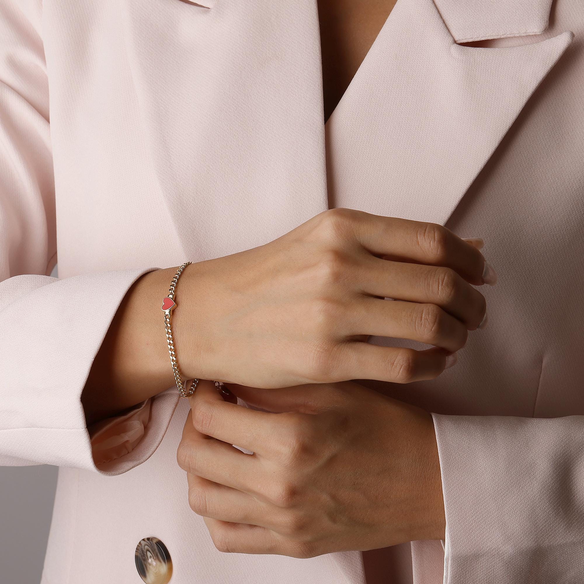 14K Solid Gold Pink Heart Bracelet - Enamel Heart Chain Bracelet