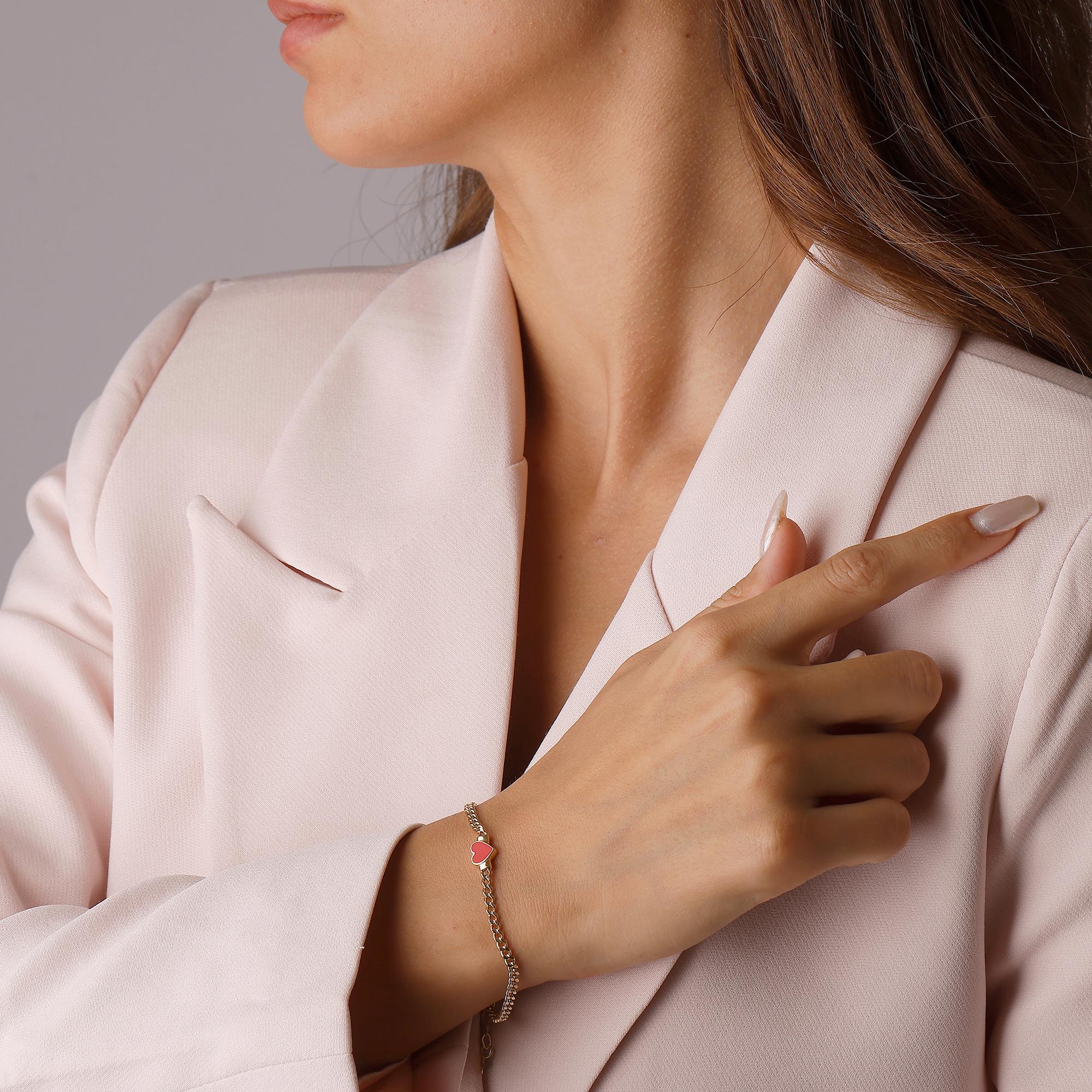 14K Solid Gold Pink Heart Bracelet - Enamel Heart Chain Bracelet