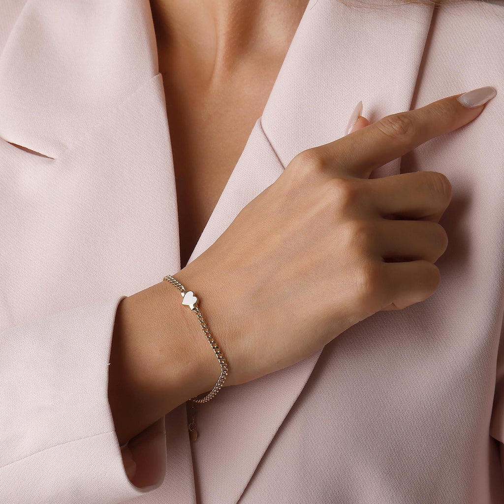 14K Solid Gold Pink Heart Bracelet - Enamel Heart Chain Bracelet
