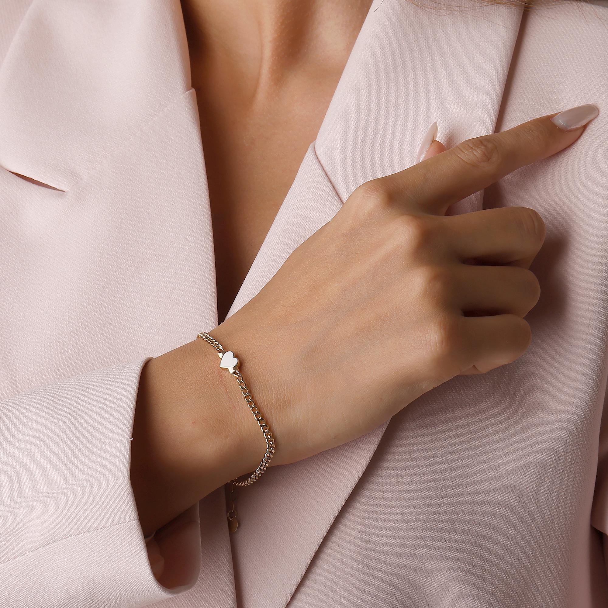 14K Solid Gold Pink Heart Bracelet - Enamel Heart Chain Bracelet