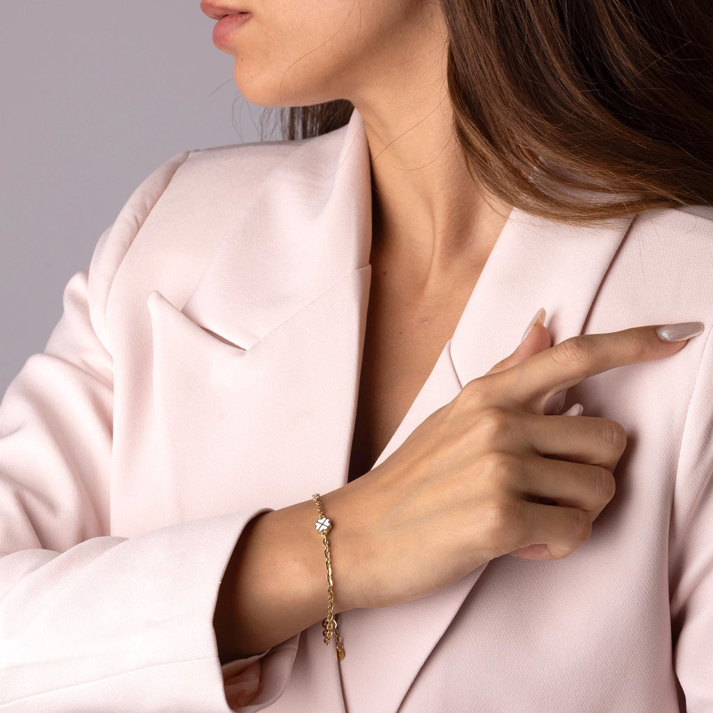 14K Solid Gold Clover Bracelet – Dainty White Enamel Four Leaf Charm