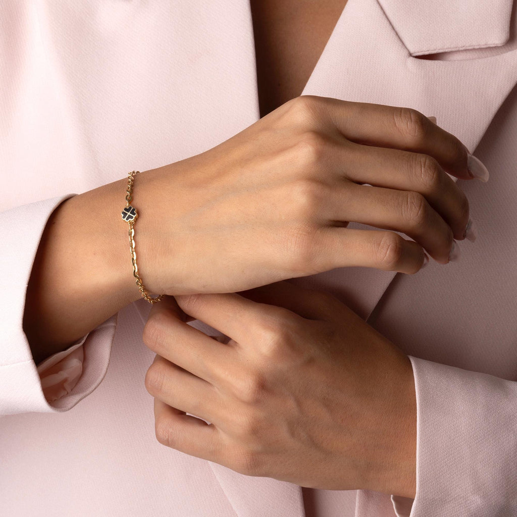 14K Solid Gold Clover Bracelet – Dainty White Enamel Four Leaf Charm