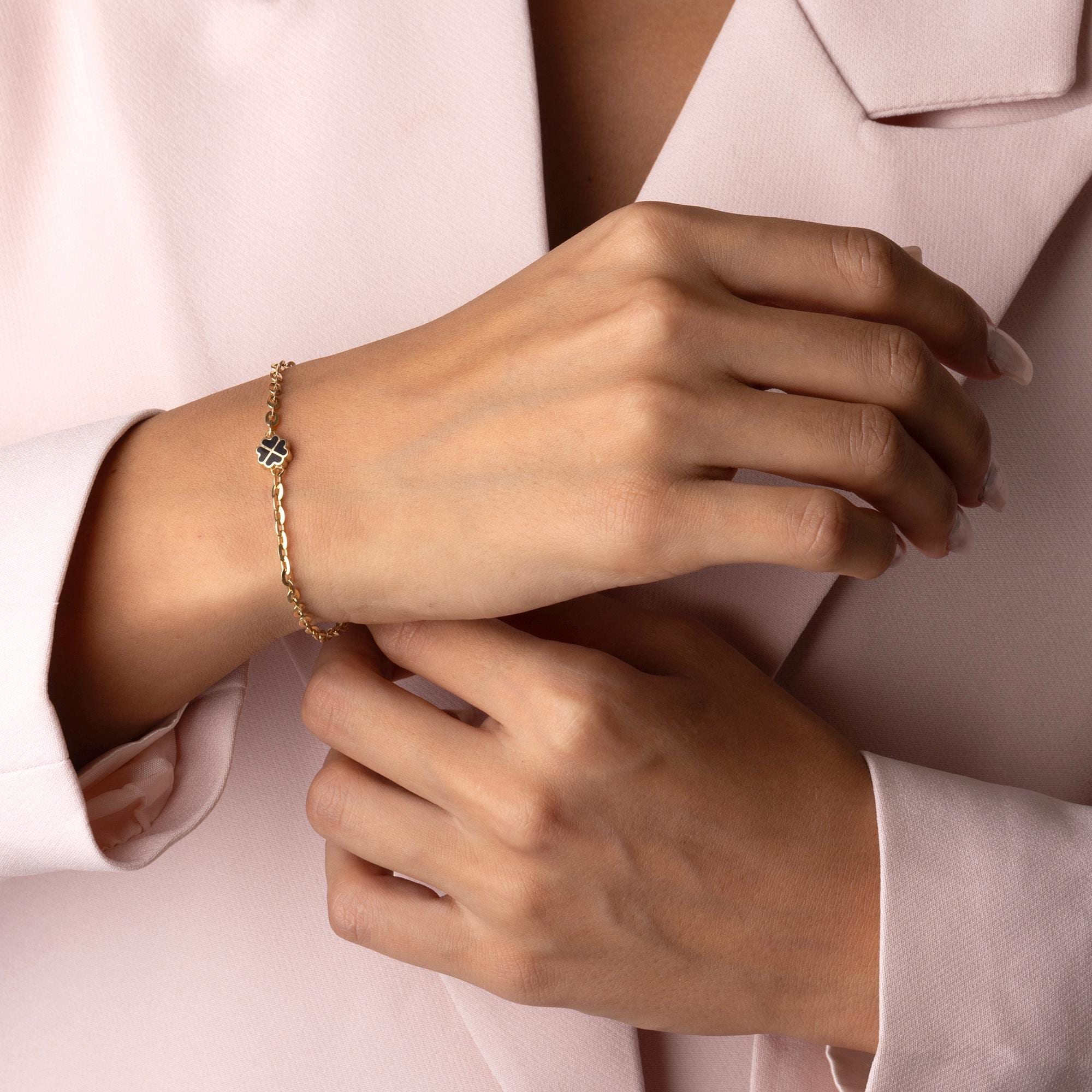 14K Solid Gold Clover Bracelet – Dainty White Enamel Four Leaf Charm