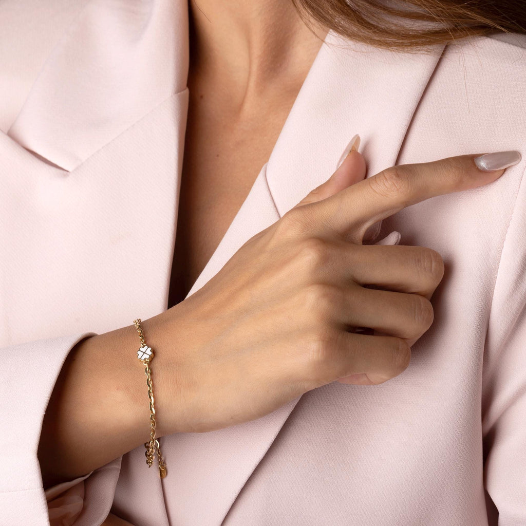 14K Solid Gold Clover Bracelet – Dainty White Enamel Four Leaf Charm