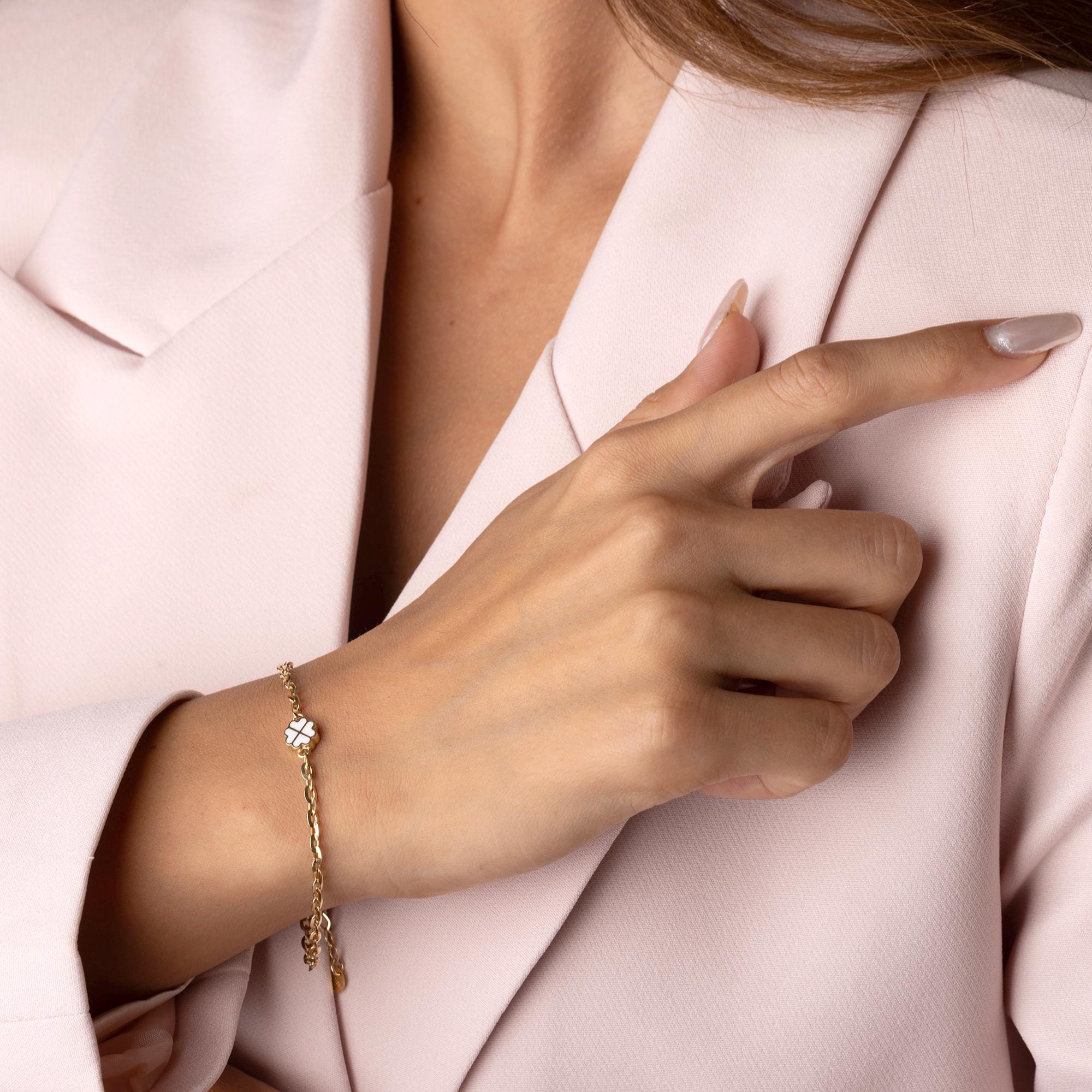 14K Solid Gold Clover Bracelet – Dainty White Enamel Four Leaf Charm