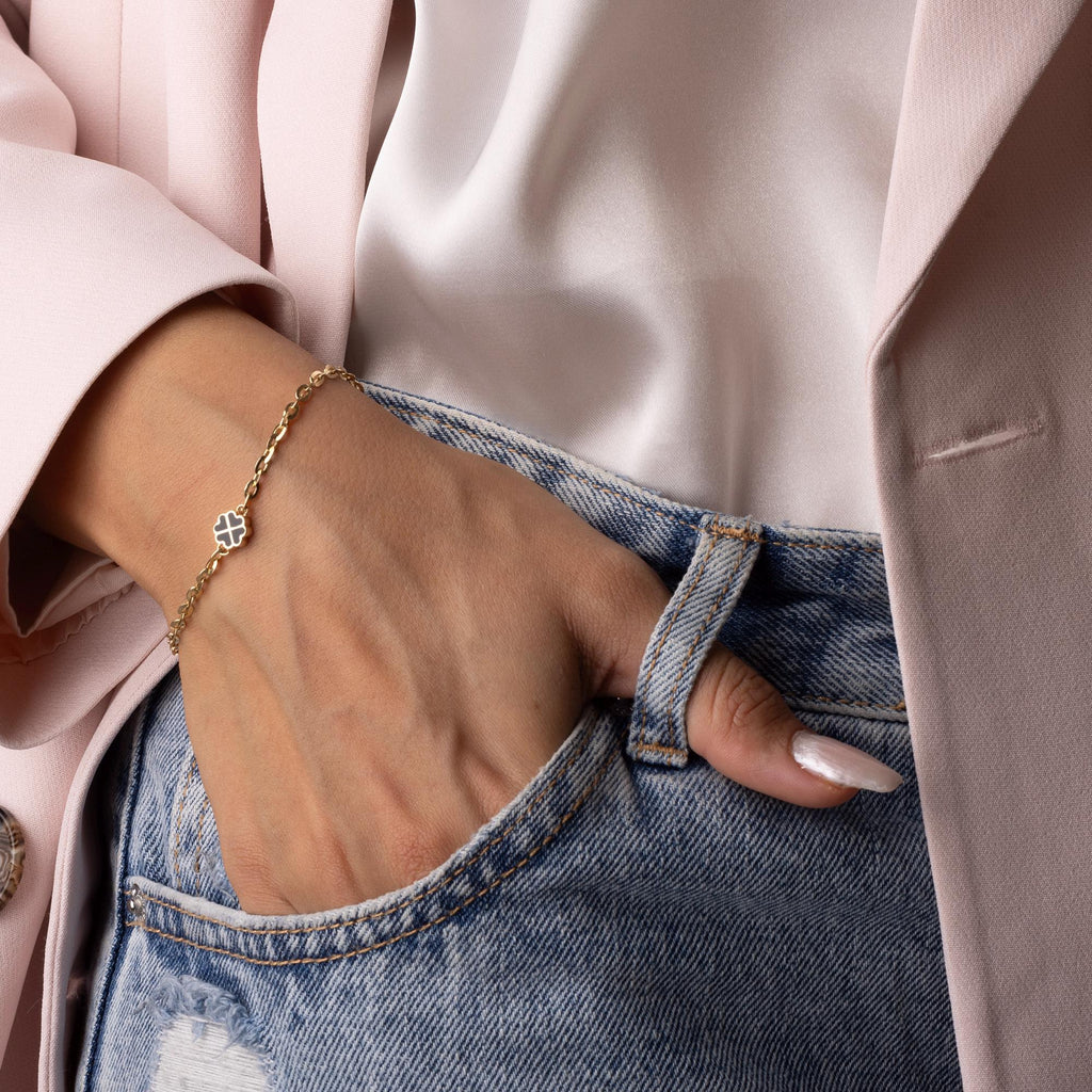 14K Solid Gold Clover Bracelet – Dainty White Enamel Four Leaf Charm