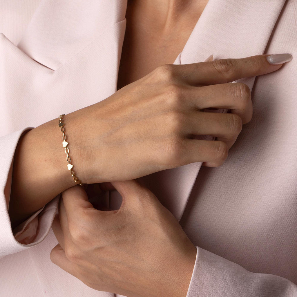 14K Solid Gold Heart Link Bracelet - Dainty Real Gold Jewelry with Small Hearts