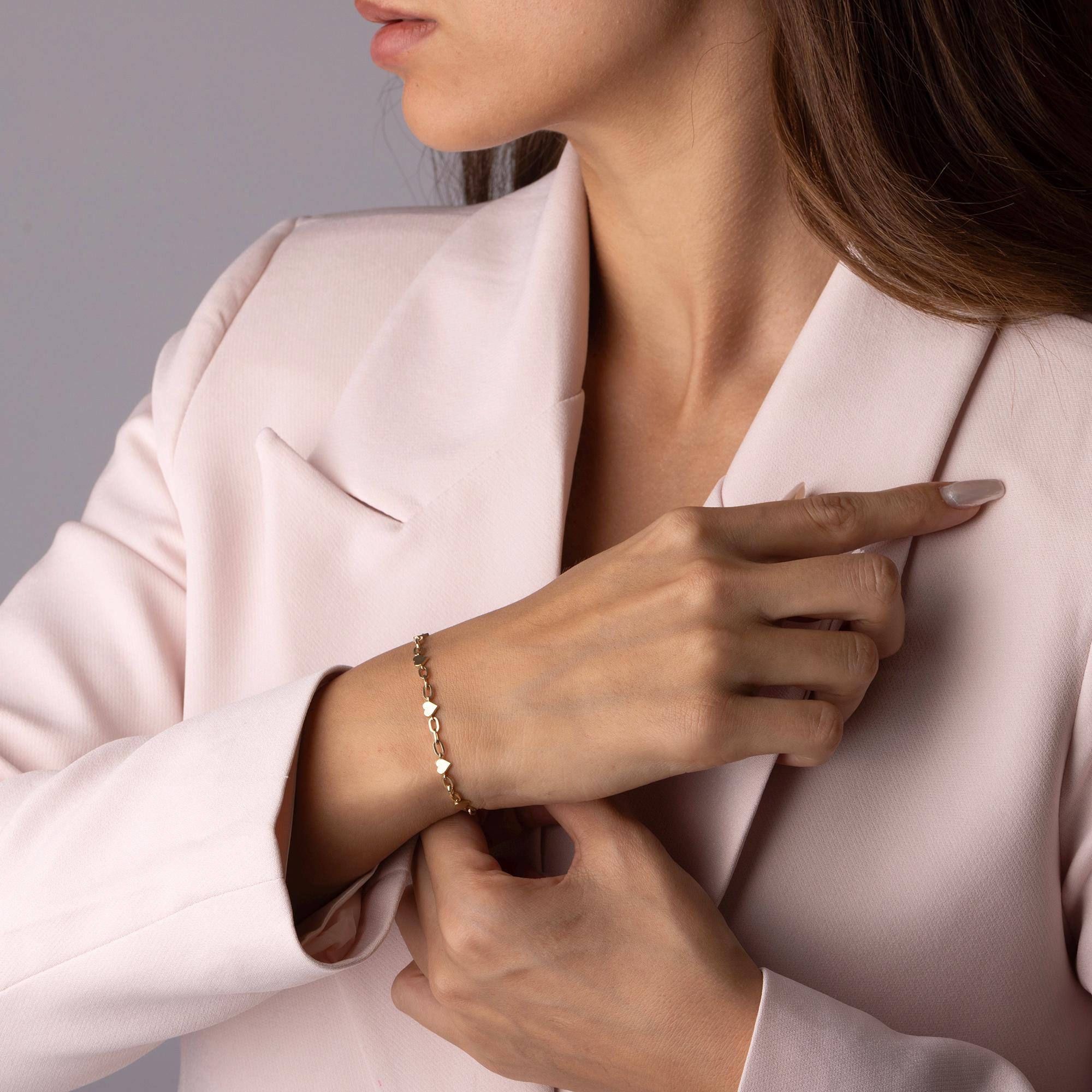 14K Solid Gold Heart Link Bracelet - Dainty Real Gold Jewelry with Small Hearts