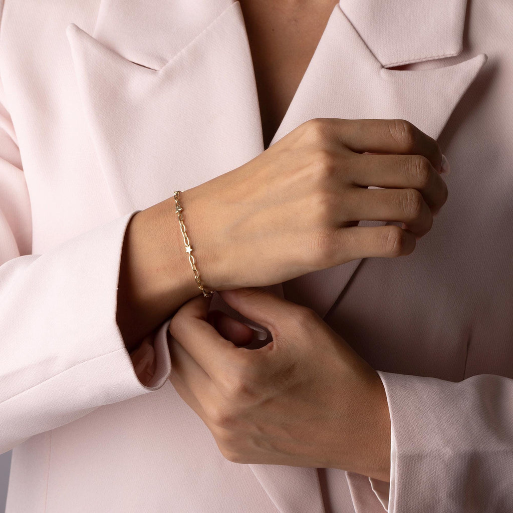 14K Solid Gold Star Link Bracelet - Real Gold Dainty Chain