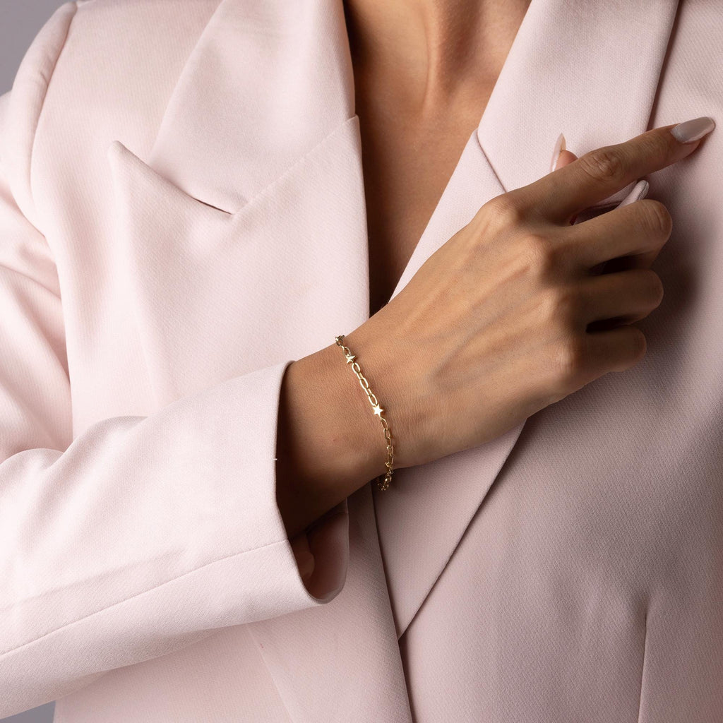 14K Solid Gold Star Link Bracelet - Real Gold Dainty Chain