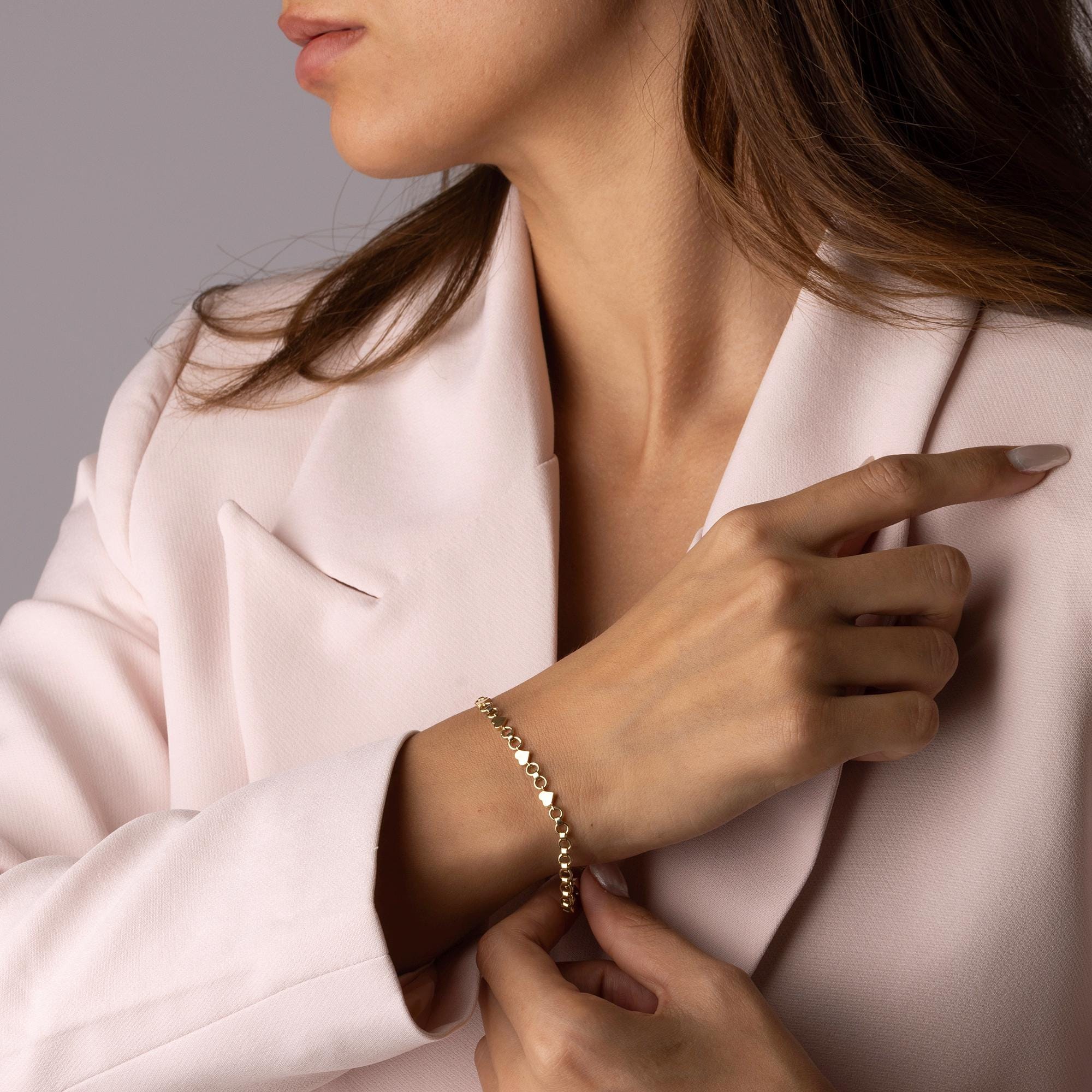 14K Solid Gold Heart Link Bracelet, Real Gold Dainty Chain, Minimalist Romantic Jewelry, Elegant Gift for Her