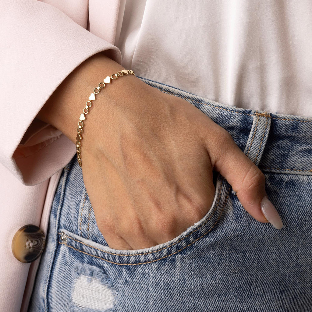 14K Solid Gold Heart Link Bracelet, Real Gold Dainty Chain, Minimalist Romantic Jewelry, Elegant Gift for Her