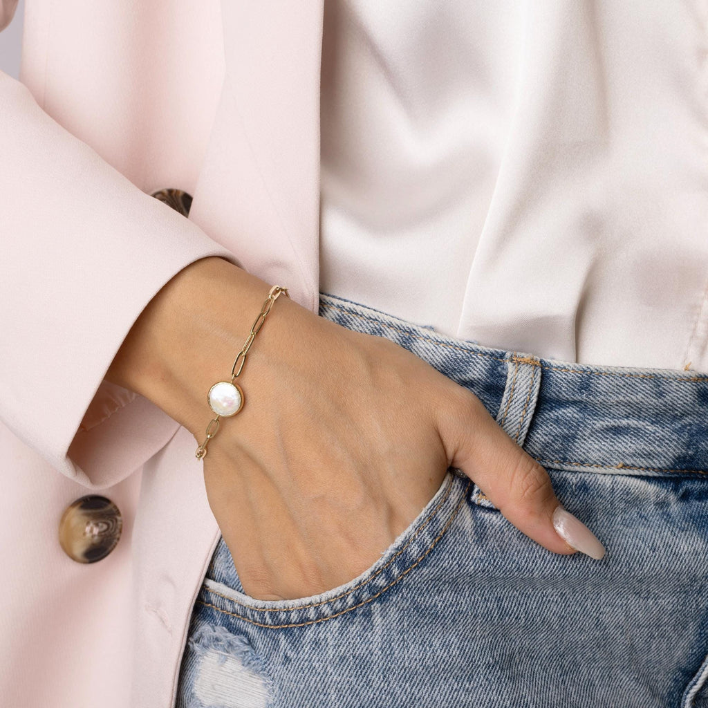 14K Solid Gold Heart Link Bracelet - Minimalist Romantic Design