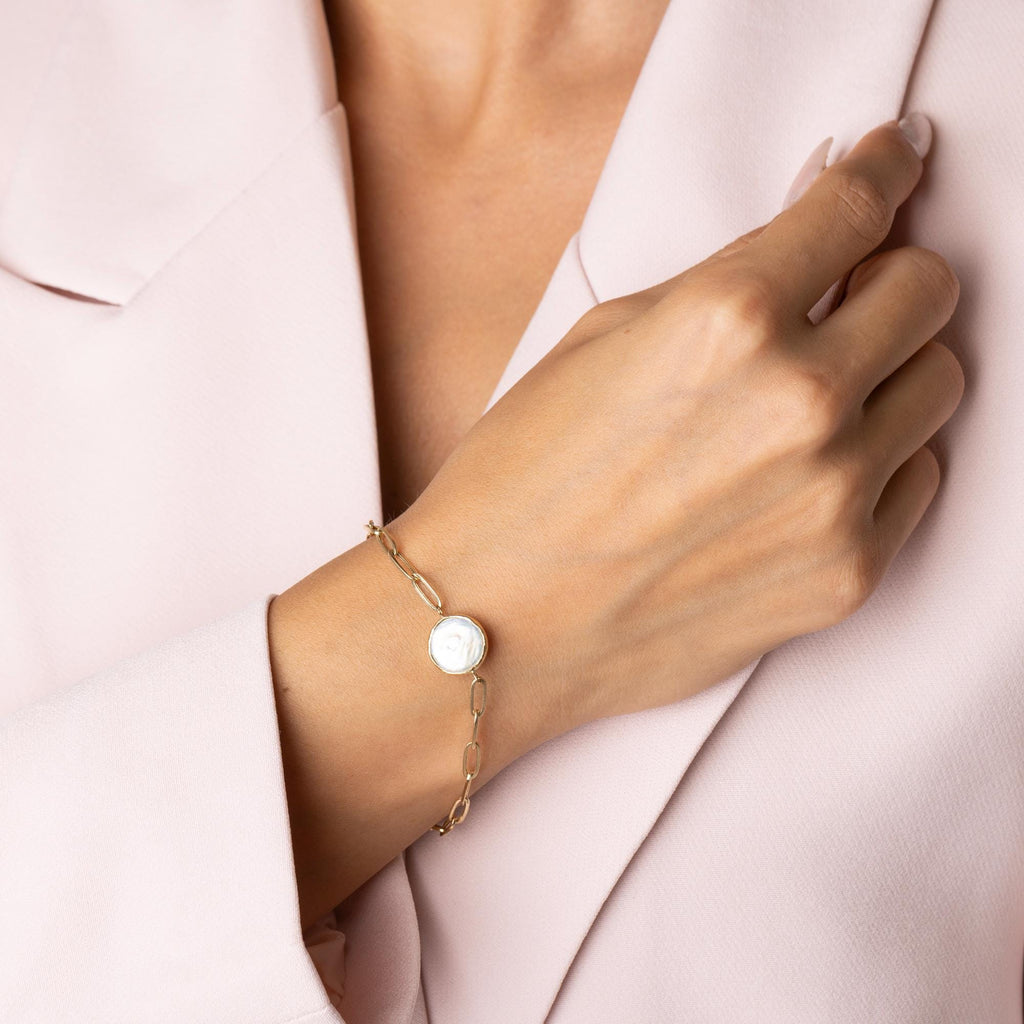 14K Solid Gold Heart Link Bracelet - Minimalist Romantic Design