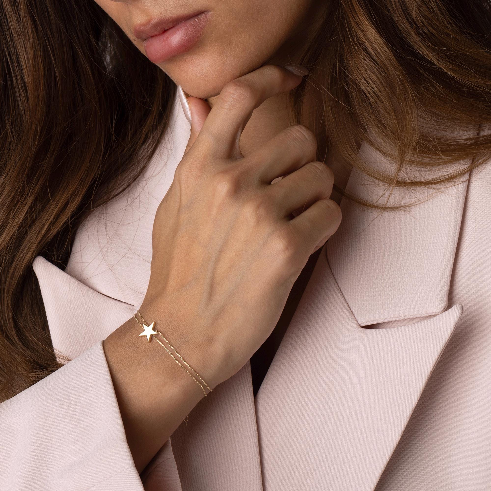 14K Solid Gold Star Bracelet - Elegant Double Chain Bracelet