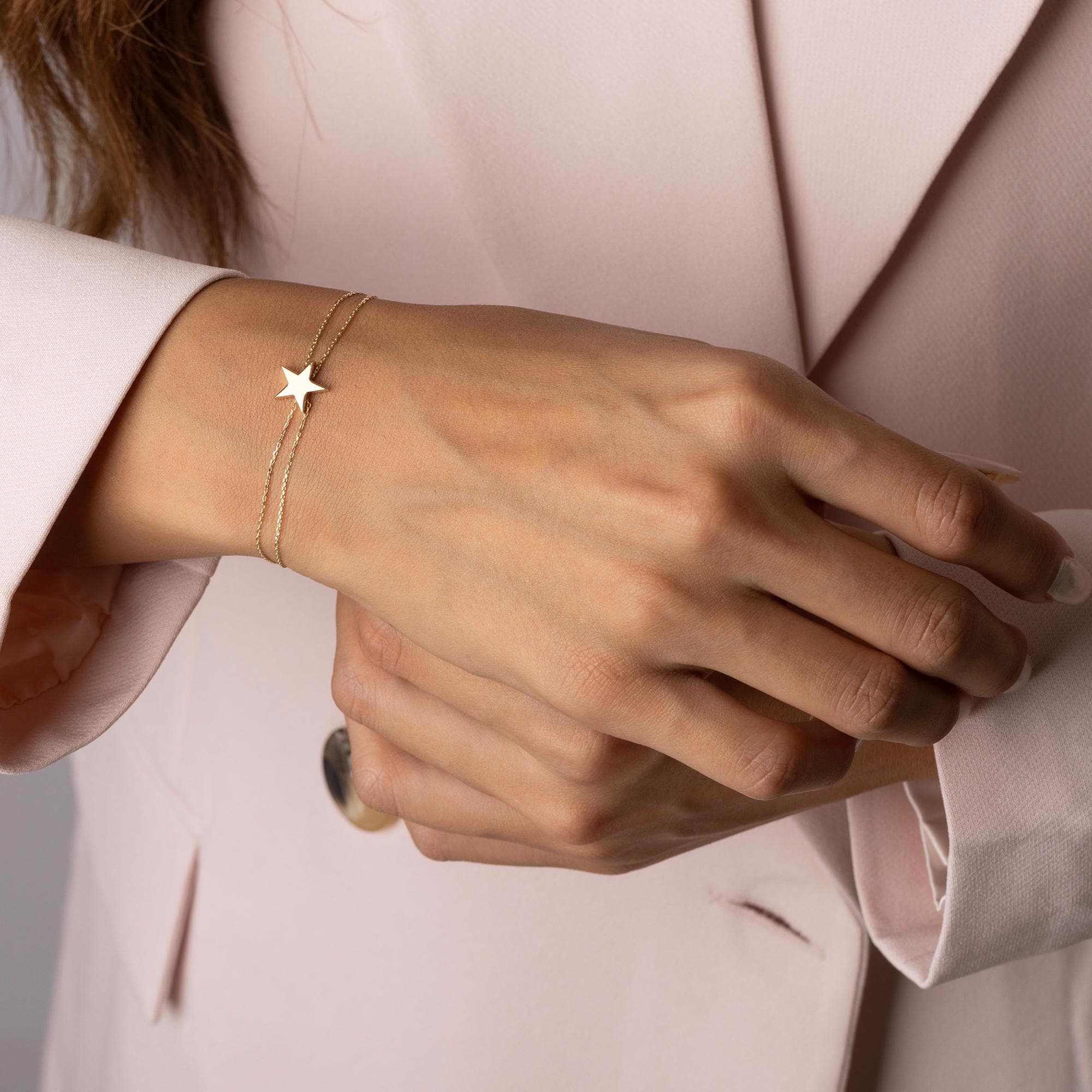 14K Solid Gold Star Bracelet - Elegant Double Chain Bracelet