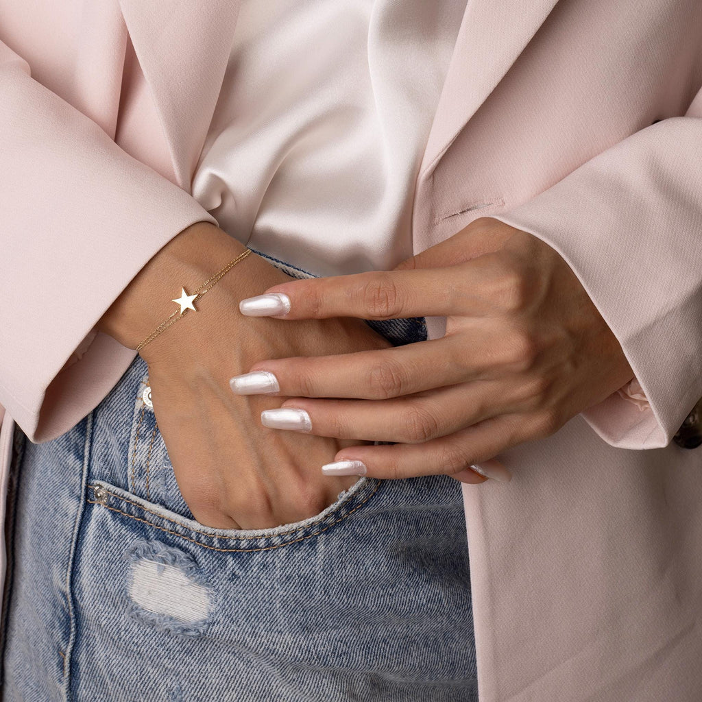 14K Solid Gold Star Bracelet - Elegant Double Chain Bracelet