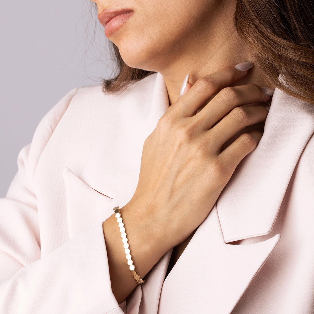 14K Solid Gold Hexagon Bracelet - Real Gold Geometric Chain Jewelry