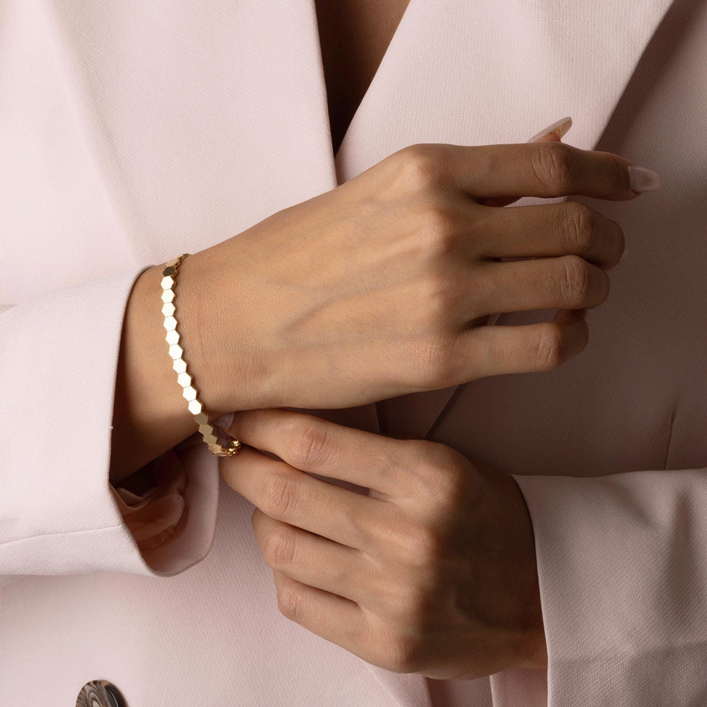 14K Solid Gold Hexagon Bracelet - Real Gold Geometric Chain Jewelry