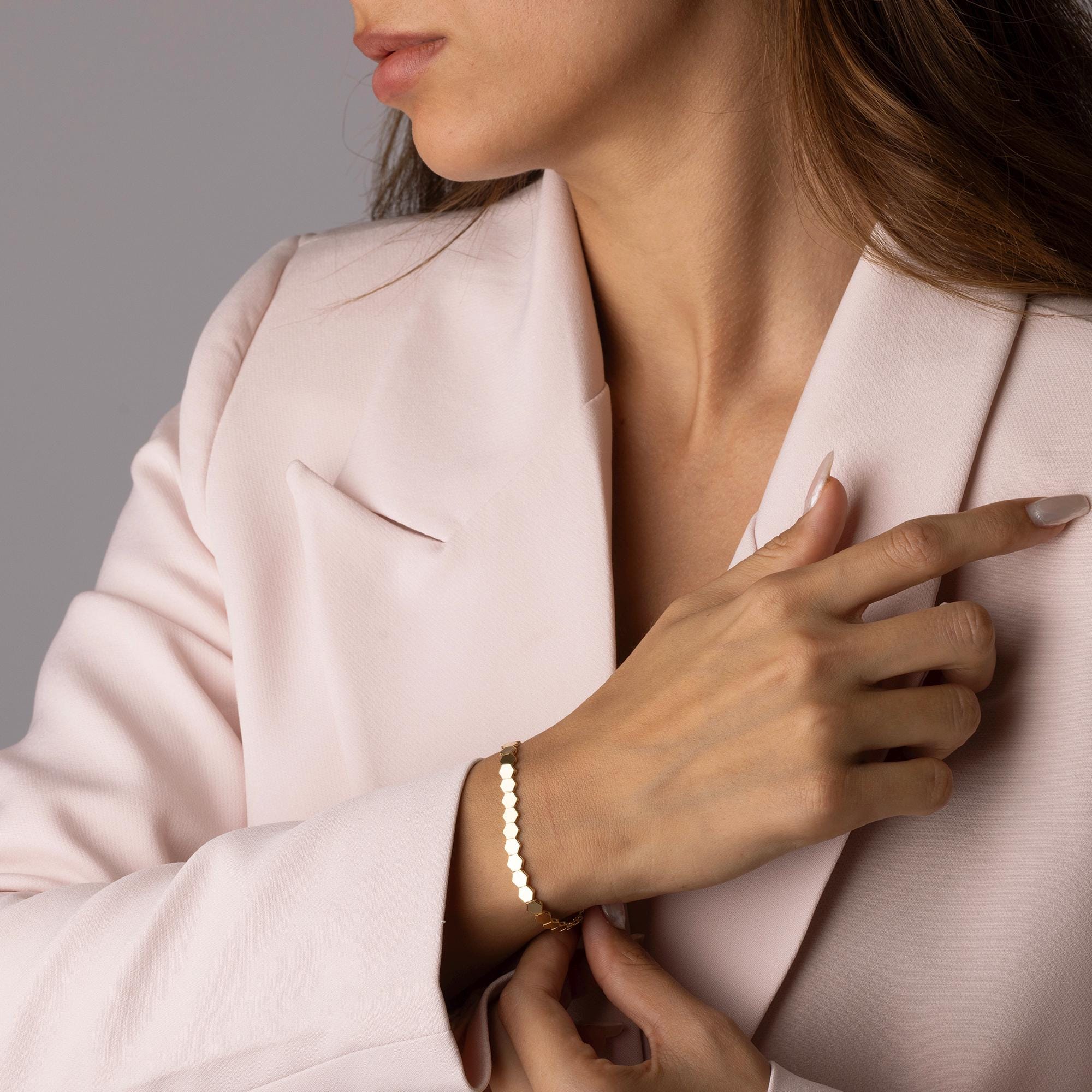 14K Solid Gold Hexagon Bracelet - Real Gold Geometric Chain Jewelry