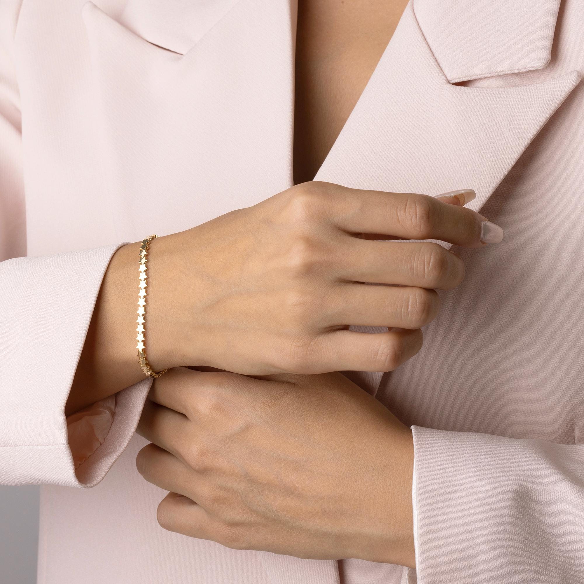 14K Solid Gold Star Link Bracelet for Women - Real Gold Dainty Chain Jewelry