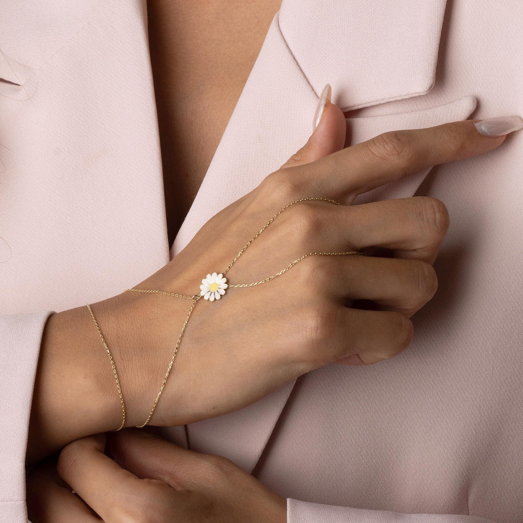 14K Solid Gold Daisy Flower Bracelet - Real Gold Enamel Floral Jewelry