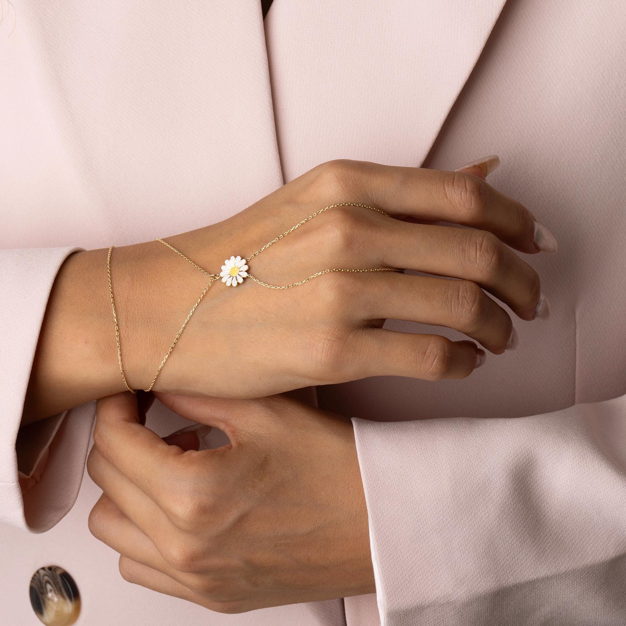 14K Solid Gold Daisy Flower Bracelet - Real Gold Enamel Floral Jewelry