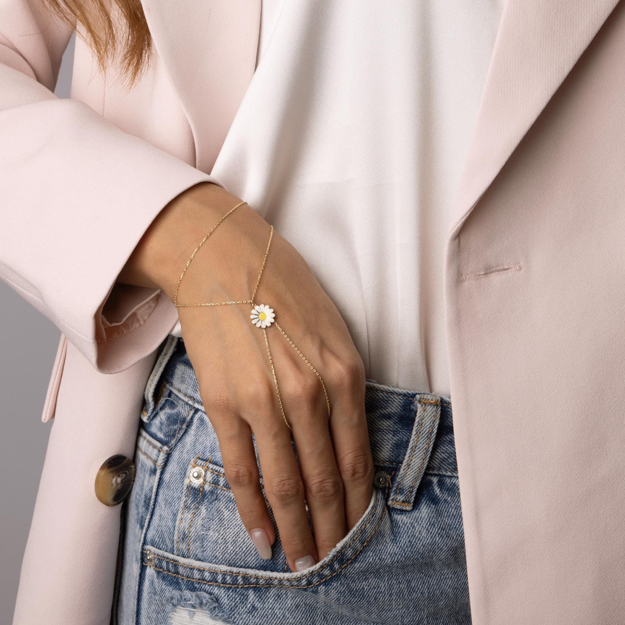 14K Solid Gold Daisy Flower Bracelet - Real Gold Enamel Floral Jewelry