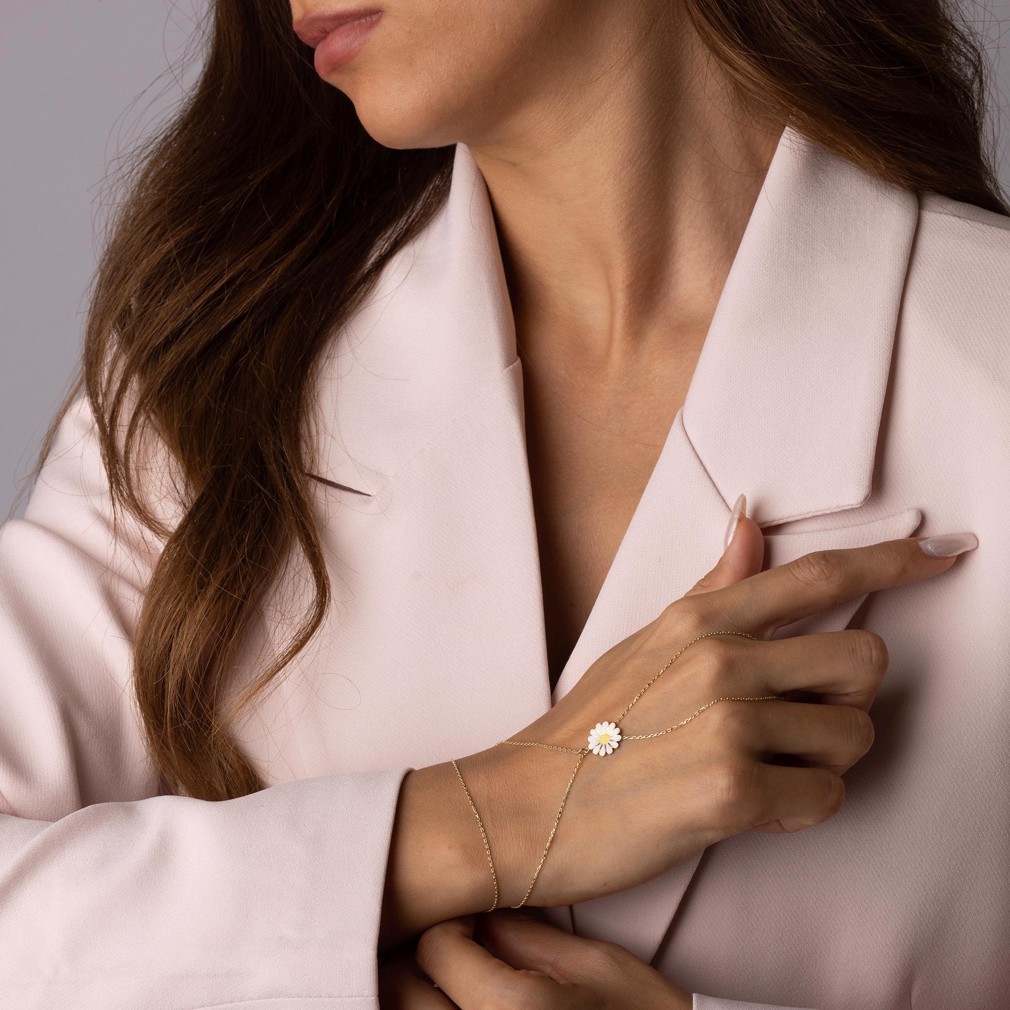 14K Solid Gold Daisy Flower Bracelet - Real Gold Enamel Floral Jewelry