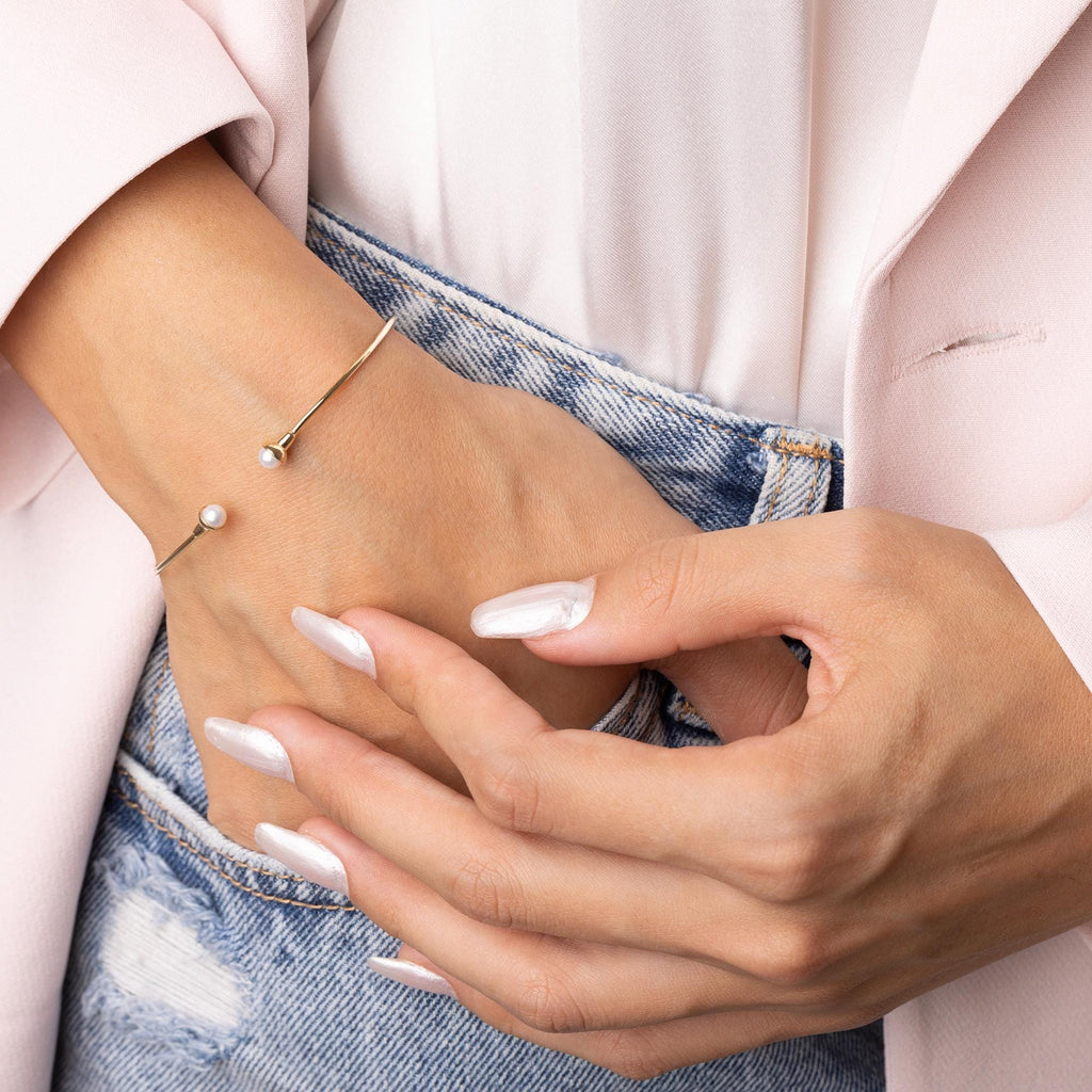 14K Solid Gold Pearl Bracelet - Open Cuff Gold Bangle
