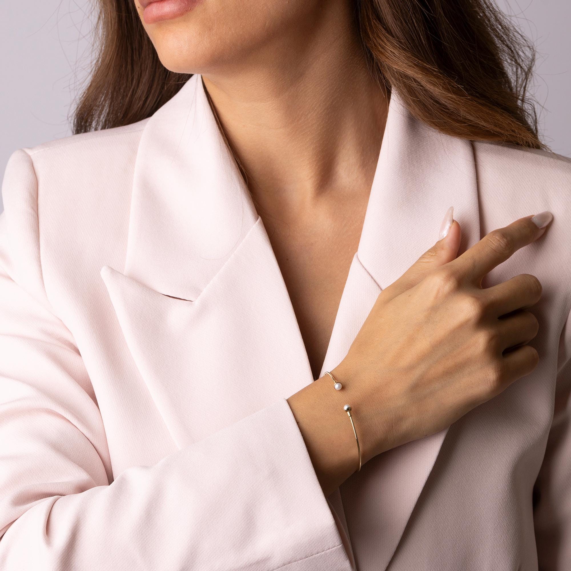 14K Solid Gold Pearl Bracelet - Open Cuff Gold Bangle