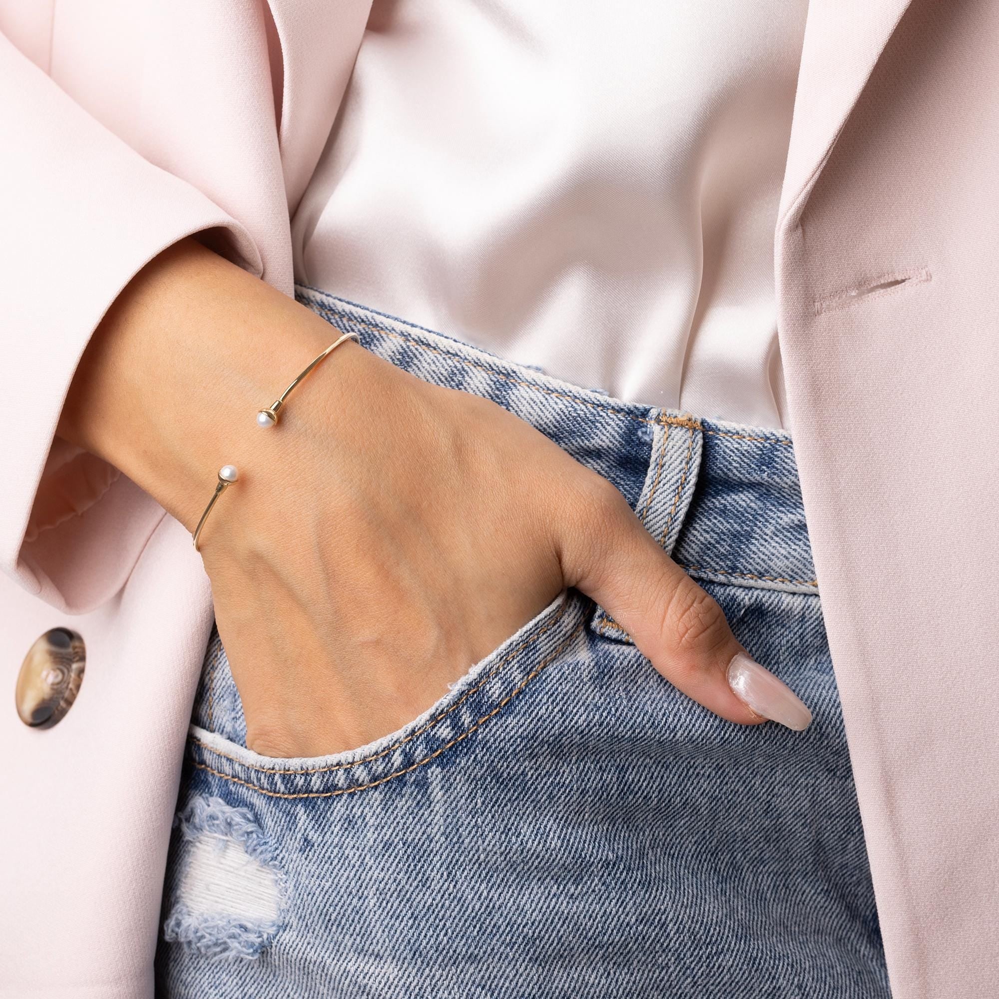 14K Solid Gold Pearl Bracelet - Open Cuff Gold Bangle