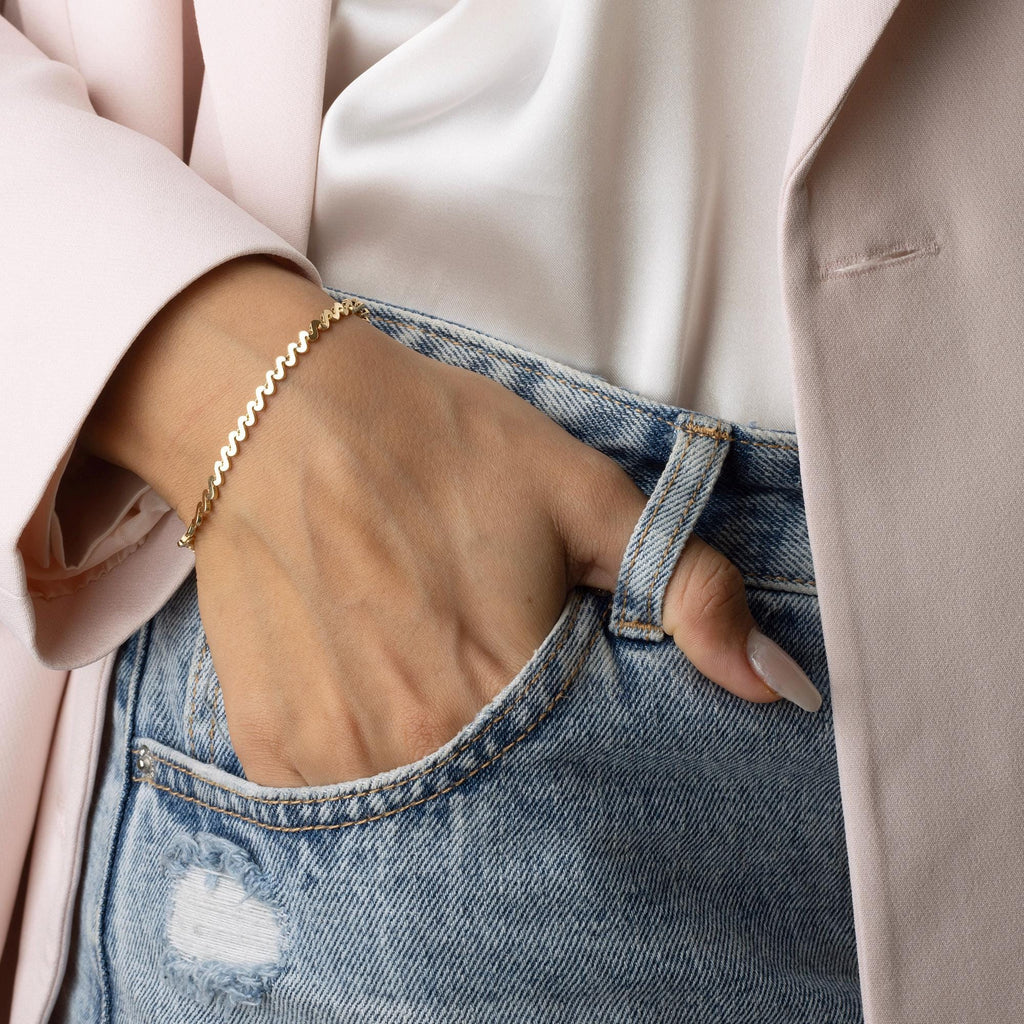 14K Solid Gold Wavy Bracelet - Minimalist Gold Chain Jewelry