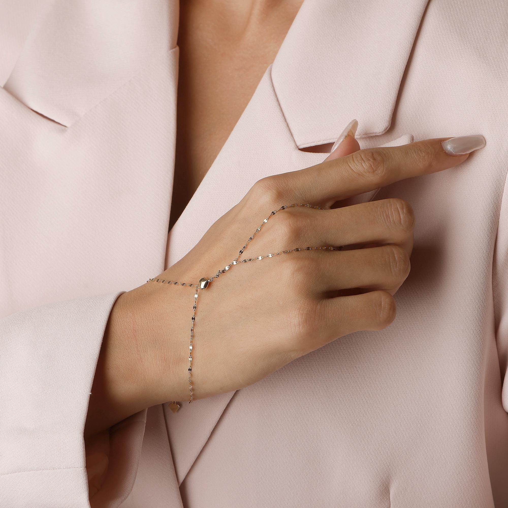 14K Solid Gold Heart Hand Chain Bracelet, Dainty Gold Slave Bracelet, Real Gold Jewelry for Women, Fine Gold Gift