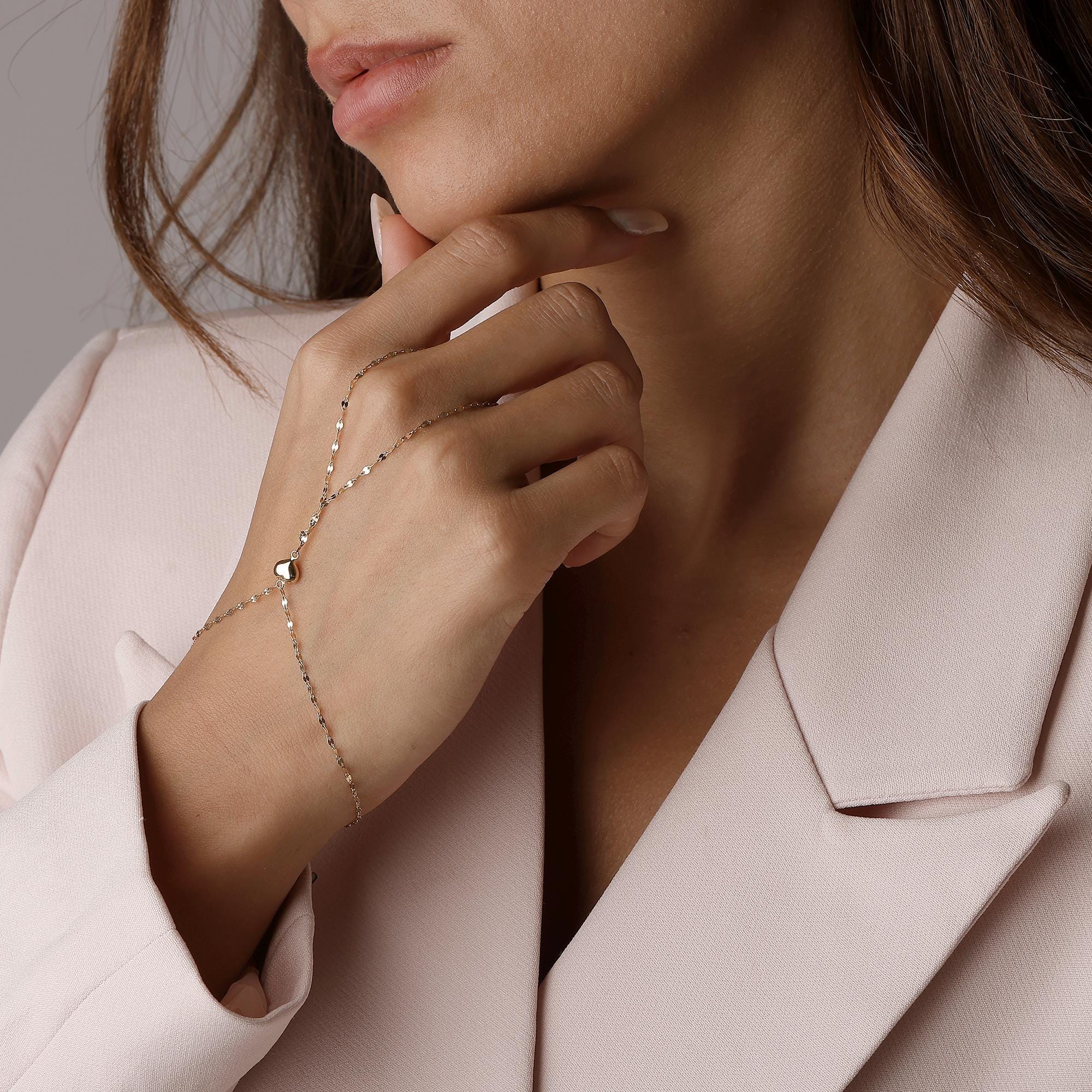 14K Solid Gold Heart Hand Chain Bracelet, Dainty Gold Slave Bracelet, Real Gold Jewelry for Women, Fine Gold Gift