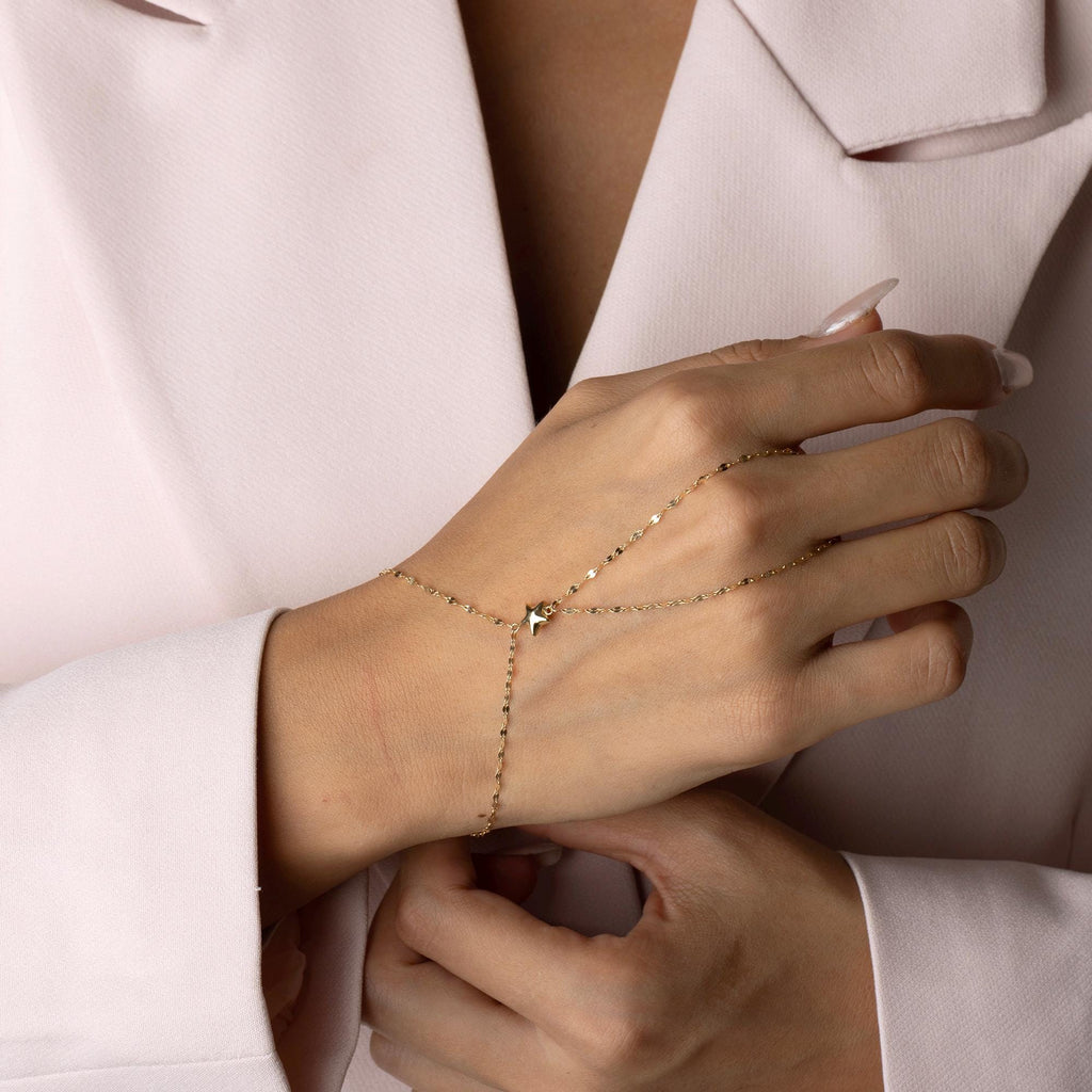 14K Solid Gold Hand Chain with Heart Charm - Dainty Gold Slave Bracelet