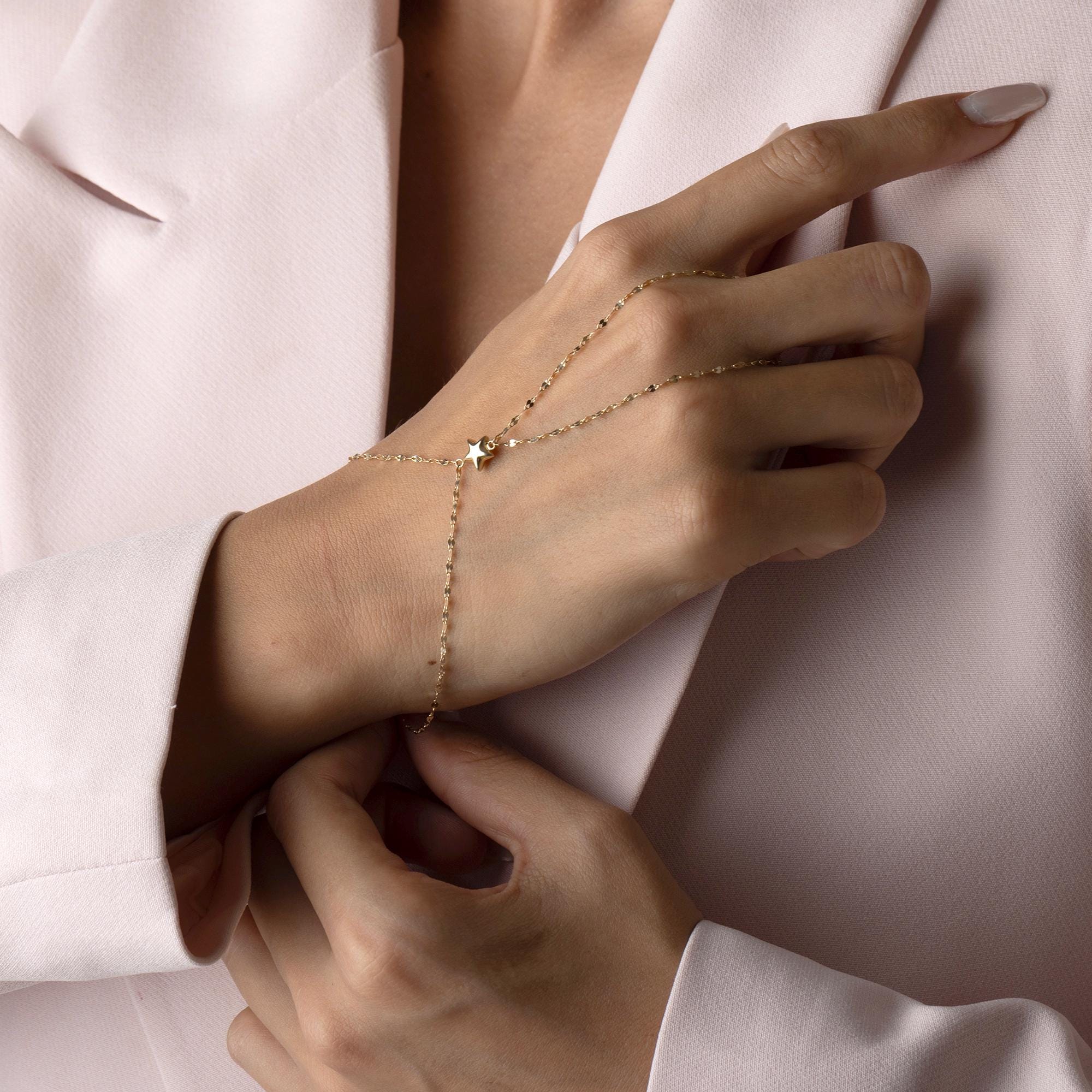 14K Solid Gold Hand Chain with Heart Charm - Dainty Gold Slave Bracelet