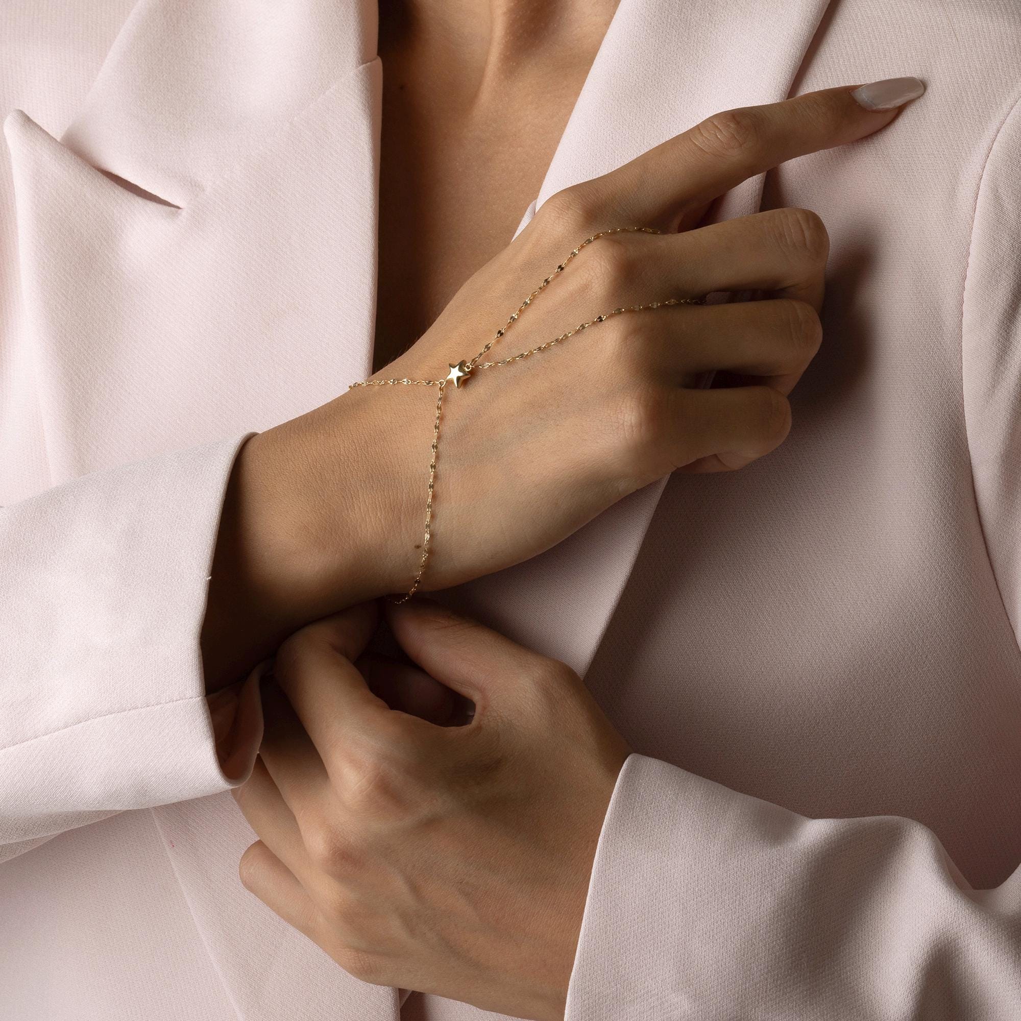 14K Solid Gold Hand Chain with Heart Charm - Dainty Gold Slave Bracelet