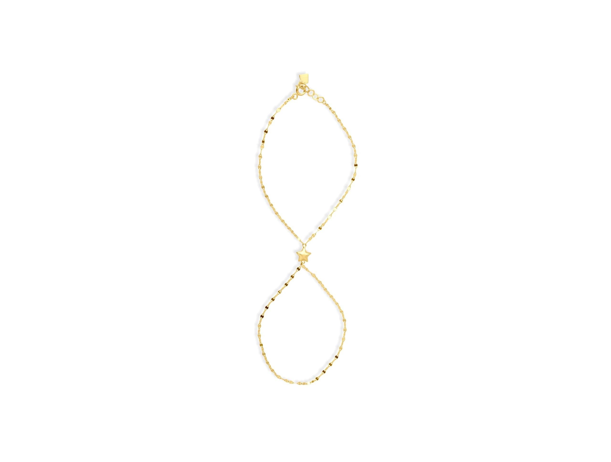 14K Solid Gold Hand Chain with Heart Charm - Dainty Gold Slave Bracelet