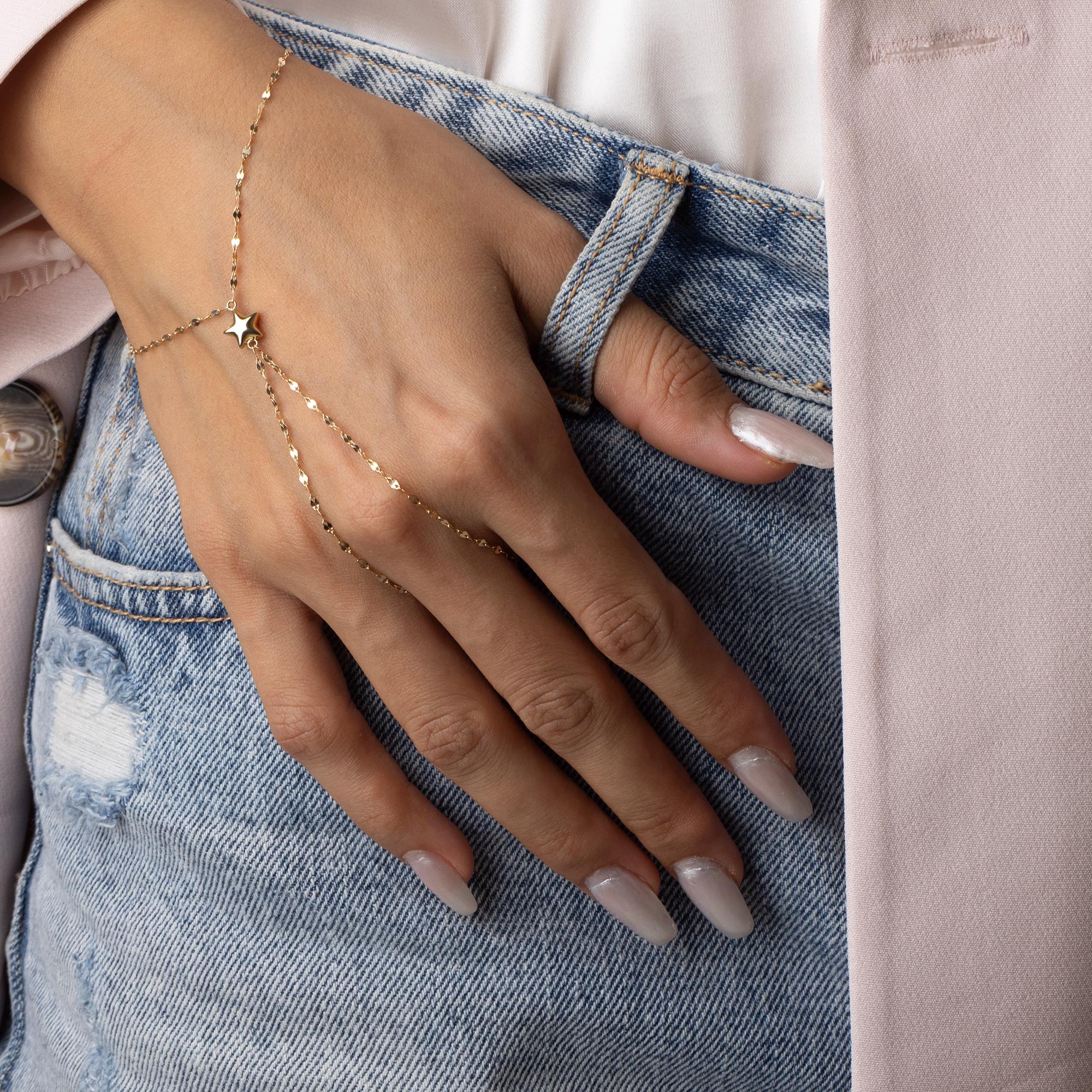 14K Solid Gold Hand Chain with Heart Charm - Dainty Gold Slave Bracelet