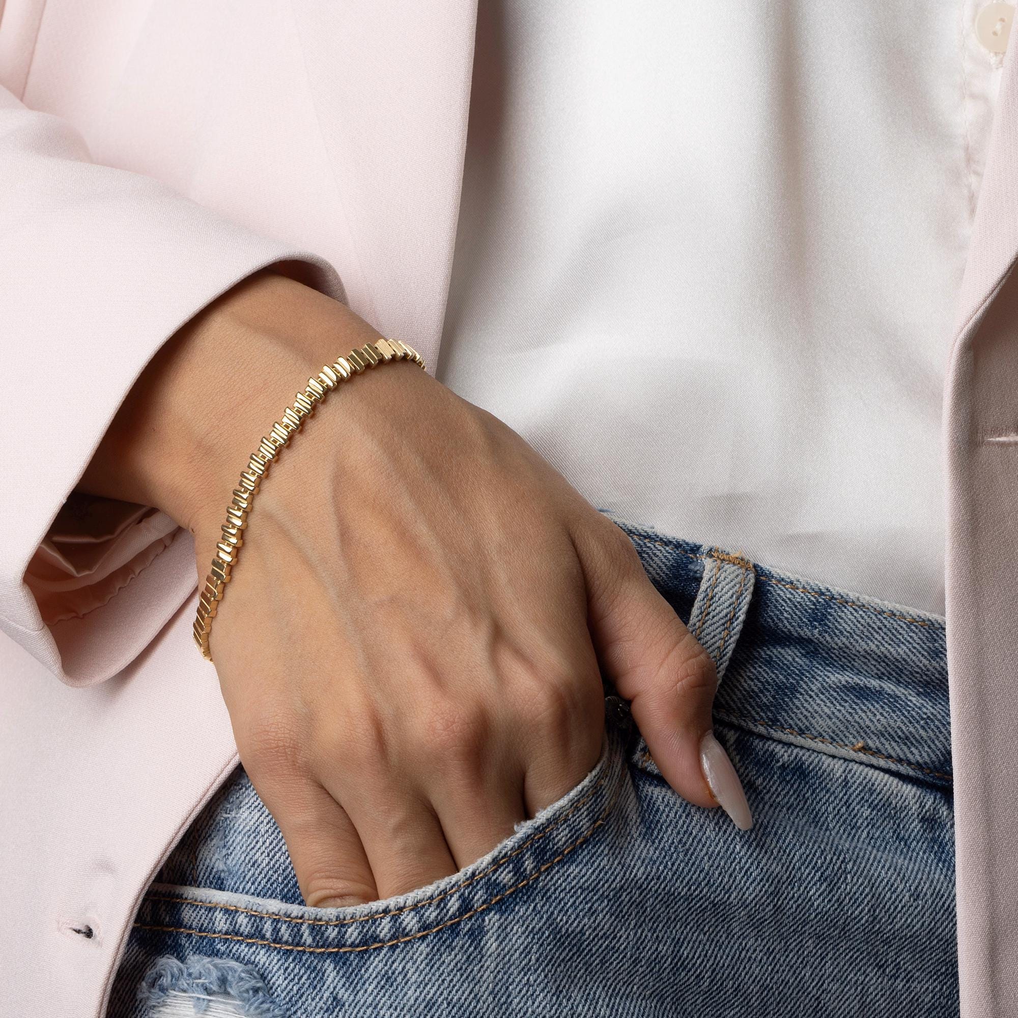 14K Solid Gold Link Bracelet - Square Chain Bracelet