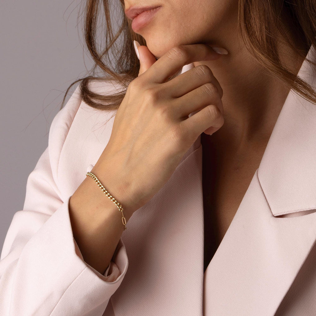 14K Solid Gold Chain Bracelet - Real Gold Modern Link Bracelet