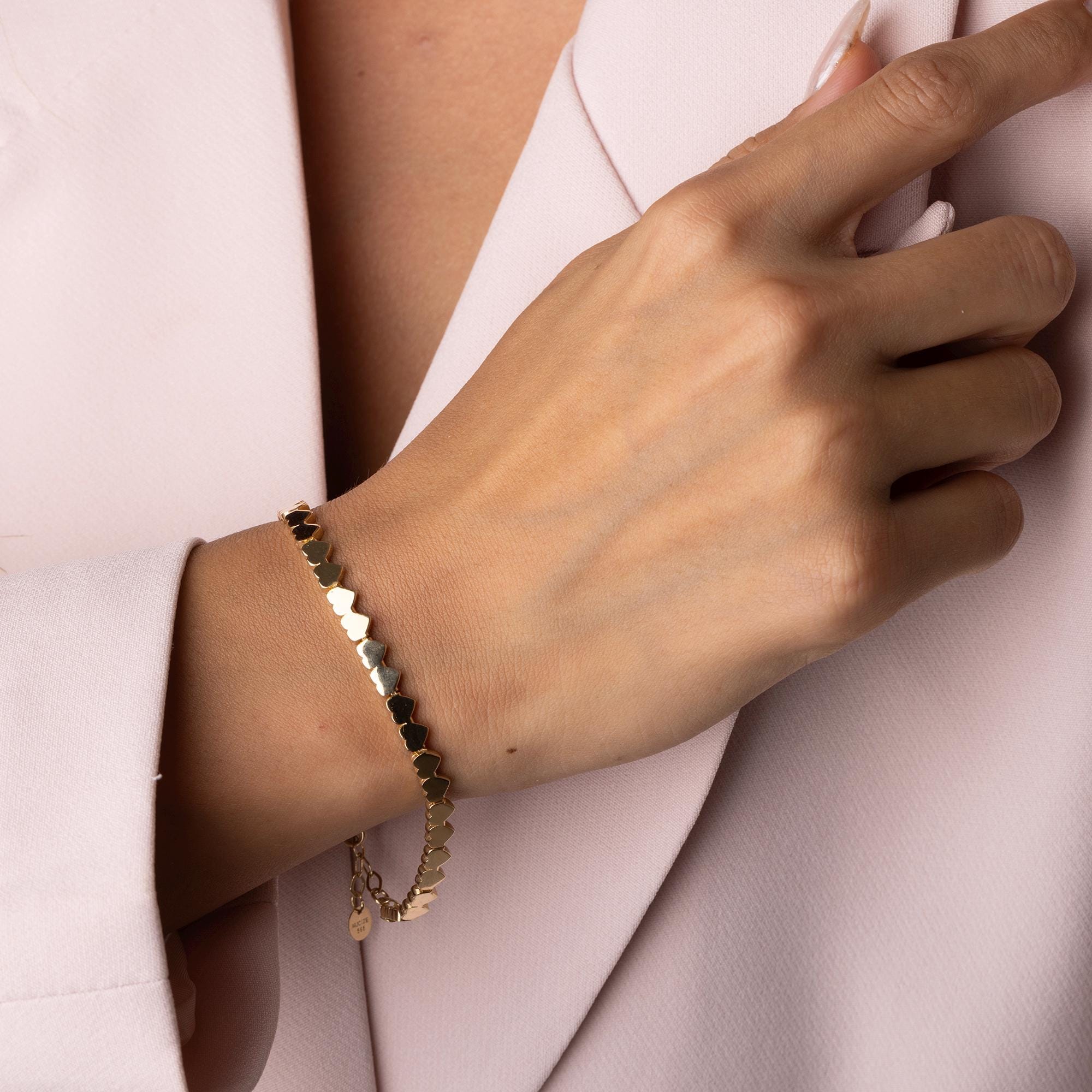 14K Solid Gold Heart Chain Bracelet – Dainty Real Gold Jewelry with Linked Hearts