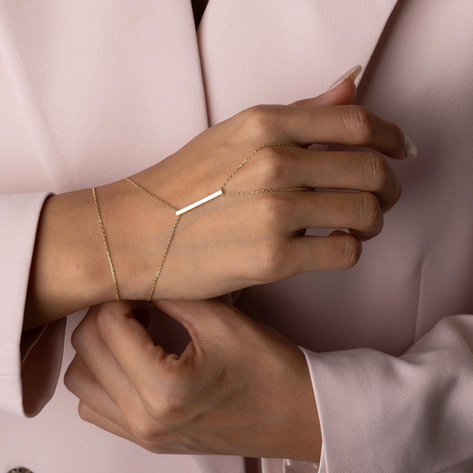 14K Solid Gold Hand Chain Bracelet - Real Gold Bar Bracelet